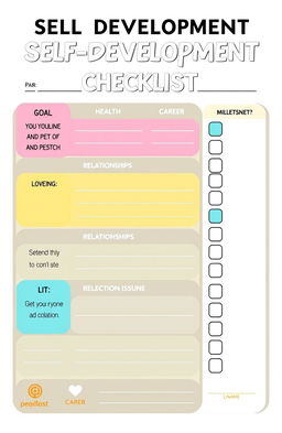 A visually engaging self-development checklist and worksheet designed for personal growth, featuring clear sections for goal setting, tracking progress, and reflection