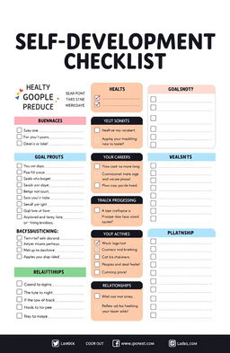 A visually engaging self-development checklist and worksheet designed for personal growth, featuring clear sections for goal setting, tracking progress, and reflection