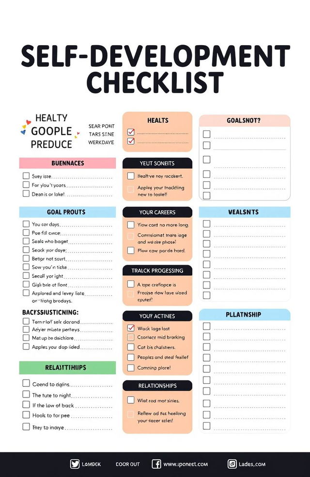 A visually engaging self-development checklist and worksheet designed for personal growth, featuring clear sections for goal setting, tracking progress, and reflection