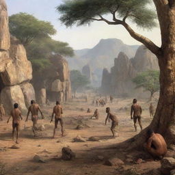 Early Homo Sapiens, the first humans, in a primeval landscape