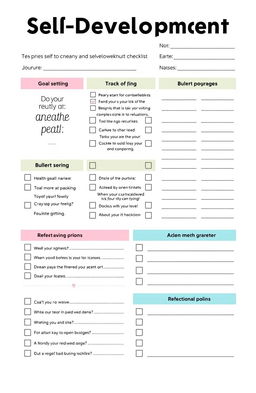 A visually engaging self-development checklist and worksheet designed for personal growth, featuring clear sections for goal setting, tracking progress, and reflection