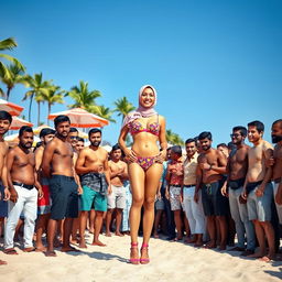 A lively beach scene featuring an Asian woman wearing a stylish hijab and a vibrant bikini, complemented by fashionable high heels