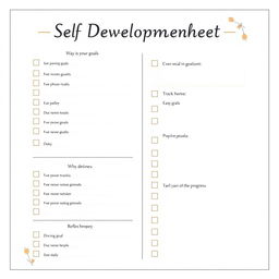 A simple yet effective self-development checklist and worksheet format that encompasses sections for setting personal goals, tracking achievements, and reflecting on progress