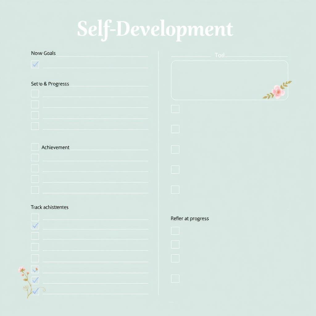 A simple yet effective self-development checklist and worksheet format that encompasses sections for setting personal goals, tracking achievements, and reflecting on progress