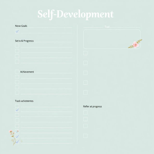 A simple yet effective self-development checklist and worksheet format that encompasses sections for setting personal goals, tracking achievements, and reflecting on progress