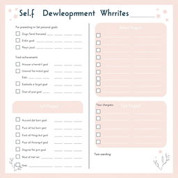 A simple yet effective self-development checklist and worksheet format that encompasses sections for setting personal goals, tracking achievements, and reflecting on progress