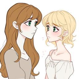 A drawing of two characters who are the same person at different points in life, staring at one another with a sense of nostalgia and sadness