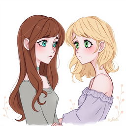 A drawing of two characters who are the same person at different points in life, staring at one another with a sense of nostalgia and sadness