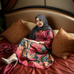 An elegant Indonesian woman wearing a hijab, beautifully styled in a traditional kebaya and colorful batik sarong, adorned with stylish high heels