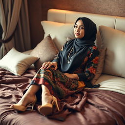 An elegant Indonesian woman wearing a hijab, beautifully styled in a traditional kebaya and colorful batik sarong, adorned with stylish high heels