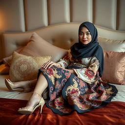 An elegant Indonesian woman wearing a hijab, beautifully styled in a traditional kebaya and colorful batik sarong, adorned with stylish high heels
