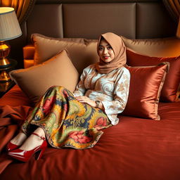 An elegant Indonesian woman wearing a hijab, beautifully styled in a traditional kebaya and colorful batik sarong, adorned with stylish high heels