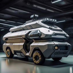 A futuristic commando's van, featuring sleek design, high-tech equipment, advanced surveillance systems, armored plating, and innovative weaponry deployment mechanisms.