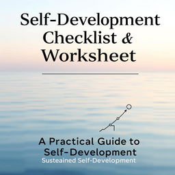 An eye-catching ebook cover design for "Self-Development Checklist and Worksheet" featuring a serene background in soft pastel colors, embodying tranquility and motivation