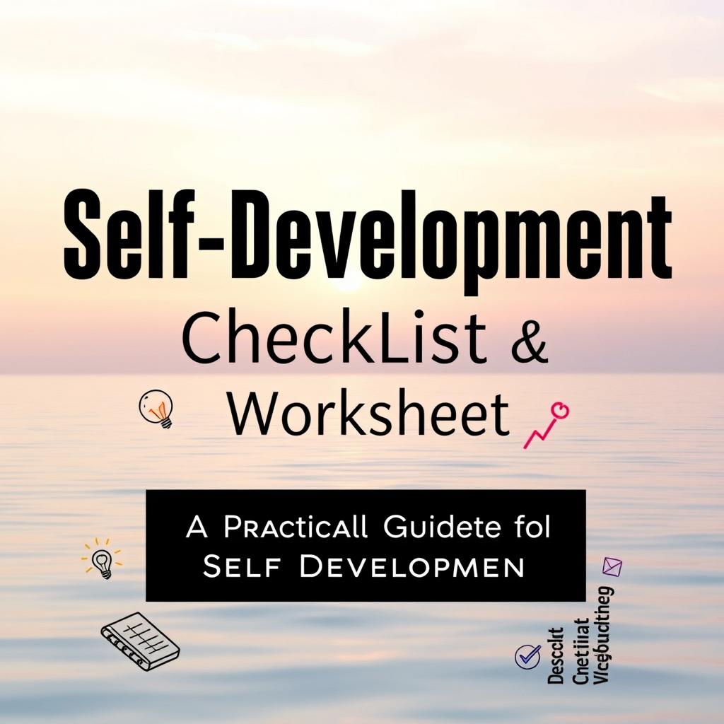 An eye-catching ebook cover design for "Self-Development Checklist and Worksheet" featuring a serene background in soft pastel colors, embodying tranquility and motivation