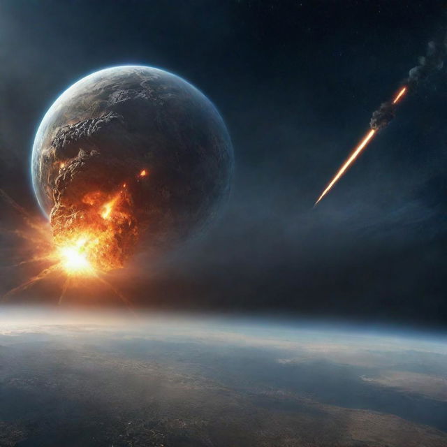 A threatening meteor storm advancing towards a peaceful earth, symbolizing danger to humanity