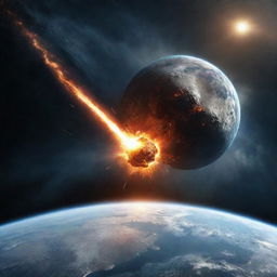 A threatening meteor storm advancing towards a peaceful earth, symbolizing danger to humanity