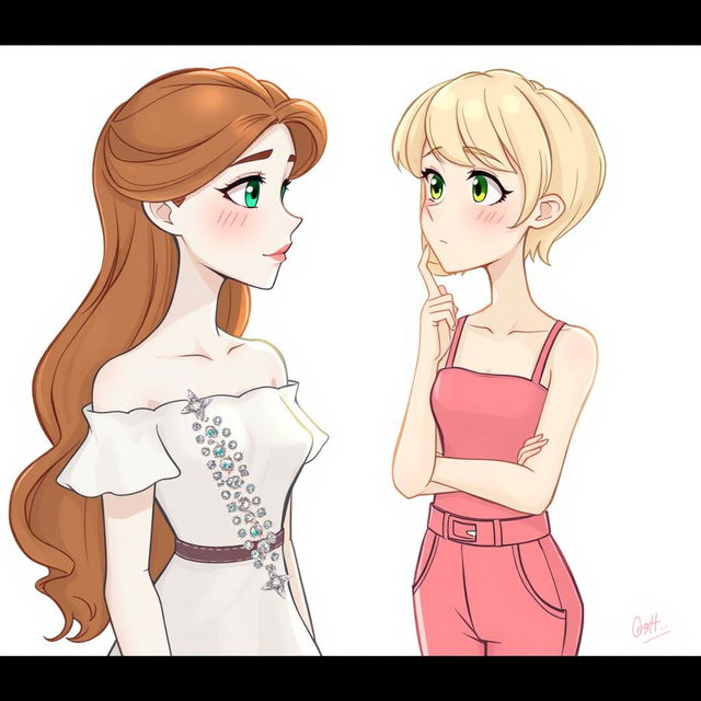 A drawing of two characters who are the same person at different points in life, staring at one another with a sense of nostalgia and reflection