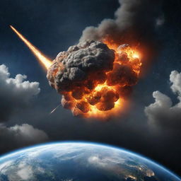 A threatening meteor storm advancing towards a peaceful earth, symbolizing danger to humanity