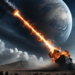 A threatening meteor storm advancing towards a peaceful earth, symbolizing danger to humanity