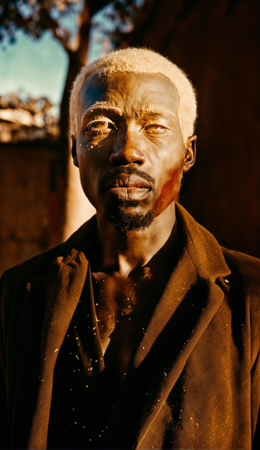 High-resolution candid photograph of a black man with albinism outdoors, shielding his eyes from the sun. Dust particles visible in the sunlight.