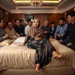 An elegant Indonesian woman wearing a hijab, showcasing her voluptuous figure in a stylish outfit that includes a batik sarong and fashionable high heels