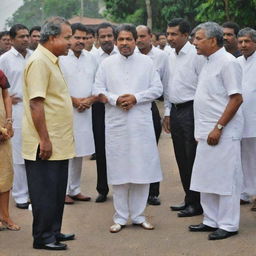 A contrasting scene showing Sri Lankan politicians in lavish dress and poor citizens in ordinary clothes, reflecting the disparity in wealth. The politicians are interacting respectfully with the citizens.