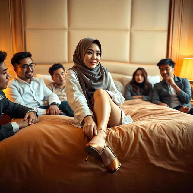 An alluring Indonesian woman wearing a hijab, showcasing her attractive features and elegant silhouette, dressed in stylish high heels while reclining gracefully on a luxurious bed