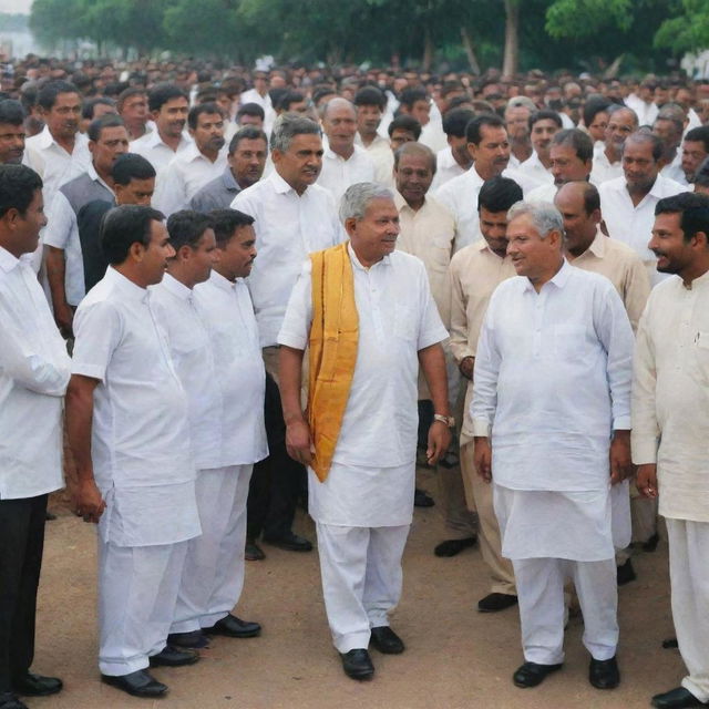 A contrasting scene showing Sri Lankan politicians in lavish dress and poor citizens in ordinary clothes, reflecting the disparity in wealth. The politicians are interacting respectfully with the citizens.