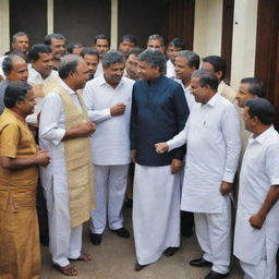 A contrasting scene showing Sri Lankan politicians in lavish dress and poor citizens in ordinary clothes, reflecting the disparity in wealth. The politicians are interacting respectfully with the citizens.