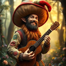 A fantasy depiction of a man dressed in a vibrant gnome outfit, complete with a richly detailed oversized hat that adds to his whimsical appearance