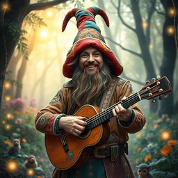 A fantasy depiction of a man dressed in a vibrant gnome outfit, complete with a richly detailed oversized hat that adds to his whimsical appearance