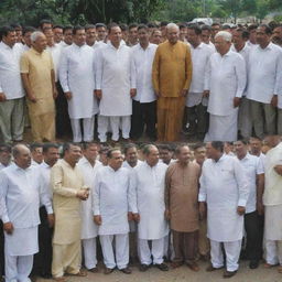 A contrasting scene showing Sri Lankan politicians in lavish dress and poor citizens in ordinary clothes, reflecting the disparity in wealth. The politicians are interacting respectfully with the citizens.