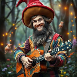 A fantasy depiction of a man dressed in a vibrant gnome outfit, complete with a richly detailed oversized hat that adds to his whimsical appearance