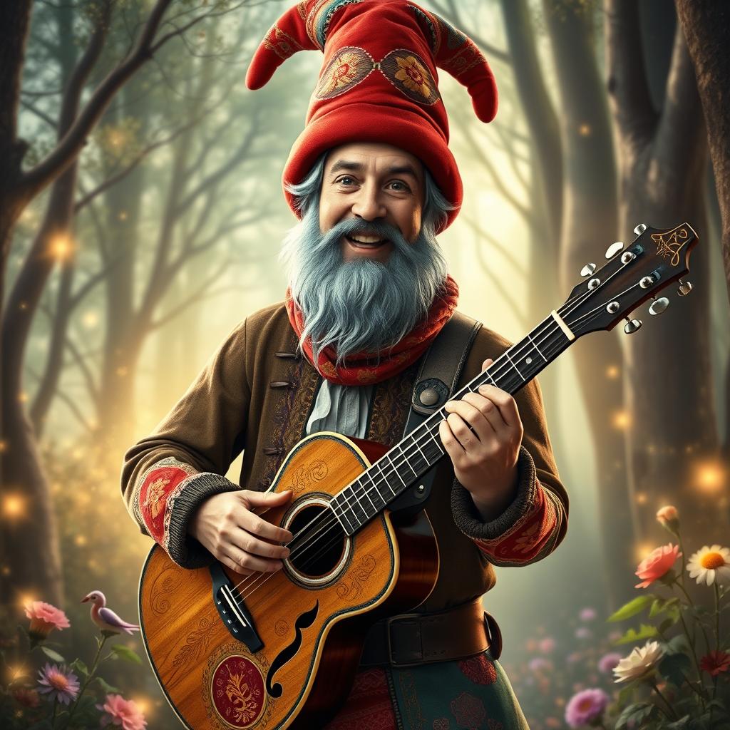 A fantasy depiction of a man dressed in a vibrant gnome outfit, complete with a richly detailed oversized hat that adds to his whimsical appearance