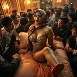 An Indonesian woman wearing a hijab, seamlessly styled, in a fashionable bra and elegant high heels, reclining on a plush bed