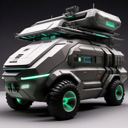 A futuristic commando's van, featuring sleek design, high-tech equipment, advanced surveillance systems, armored plating, and innovative weaponry deployment mechanisms.