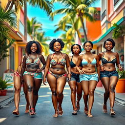 A curvy group of light-skinned AI models, aged 24, wearing short, sexy bikinis and shorts, confidently walking the vibrant streets of a tropical city