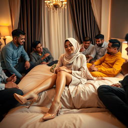 A striking Indonesian woman wearing a stylish hijab and elegant high heels, reclining on a luxurious bed