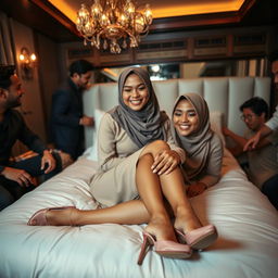 A striking Indonesian woman wearing a stylish hijab and elegant high heels, reclining on a luxurious bed