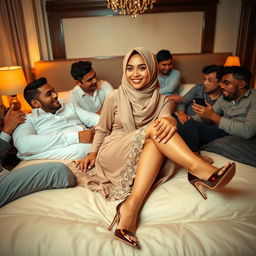 A striking Indonesian woman wearing a stylish hijab and elegant high heels, reclining on a luxurious bed