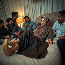 A striking Indonesian woman wearing a stylish hijab and elegant high heels, reclining on a luxurious bed