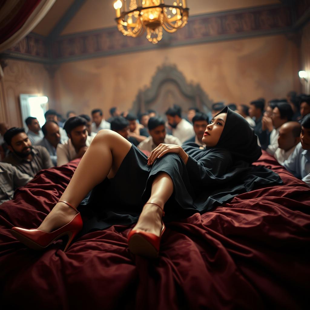 An Indonesian woman wearing a hijab and stylish high heels, reclining elegantly on a bed