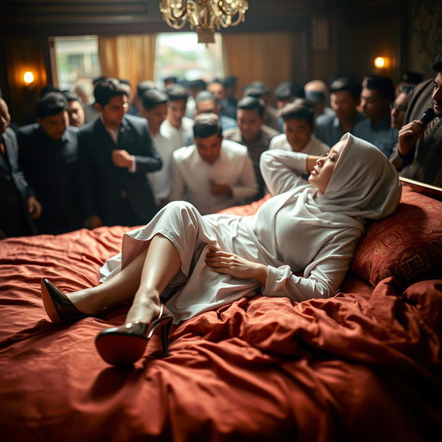 An Indonesian woman wearing a hijab and stylish high heels, reclining elegantly on a bed