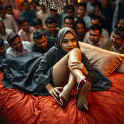 An Indonesian woman wearing a hijab and stylish high heels, reclining elegantly on a bed