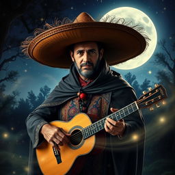 An enchanting depiction of El Sombreron, a renowned figure from Latin American folklore, set against a magical nighttime landscape