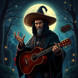 An enchanting depiction of El Sombreron, a renowned figure from Latin American folklore, set against a magical nighttime landscape