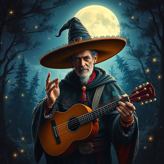 An enchanting depiction of El Sombreron, a renowned figure from Latin American folklore, set against a magical nighttime landscape