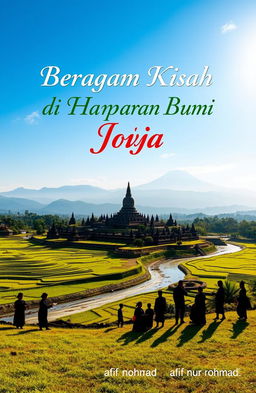 A beautiful panoramic landscape of Yogyakarta, featuring the iconic Borobudur Temple against a backdrop of the majestic Merapi mountains under a bright blue sky