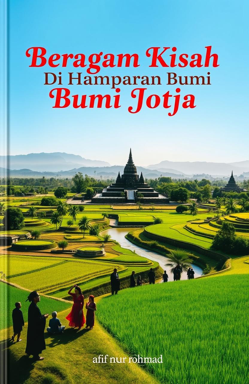 A beautiful panoramic landscape of Yogyakarta, featuring the iconic Borobudur Temple against a backdrop of the majestic Merapi mountains under a bright blue sky